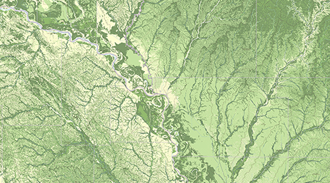 A contour map in shades of green with a winding river surrounded by mountains