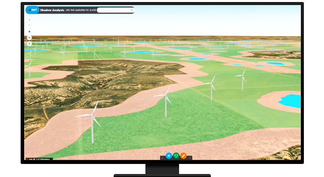 A computer desktop computer displaying a shadow analysis on a digital twin wind farm