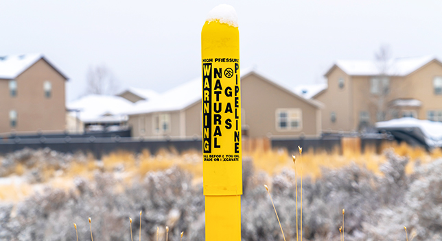 A yellow natural gas pipeline warning sign with snow on it in front of a neighborhood