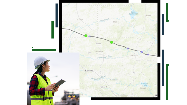 A field worker in a hard hat and safety jacket holding a tablet, and a map with two green location dots on a route