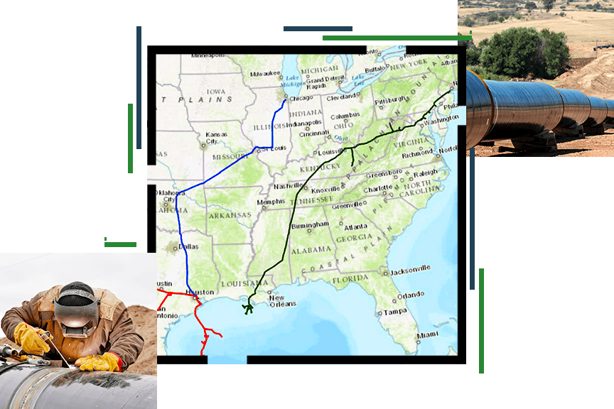 A person in protective gear welding a pipeline, a map of the United States showing three pipeline routes, and a pipeline above ground