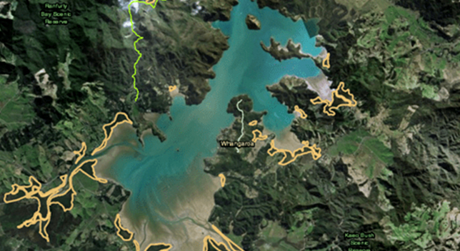 3D aerial image of sprawling green land and blue water with yellow lines highlighting different areas