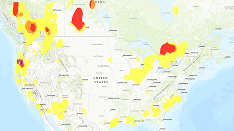 Map showing pollution in North America. Yellow, orange, and red colors highlight areas on the map to indicate the severity of pollution.