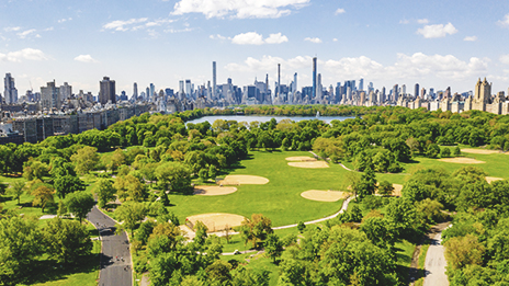 A scenic landscape view of Central Park with Midtown Manhattan in the background.