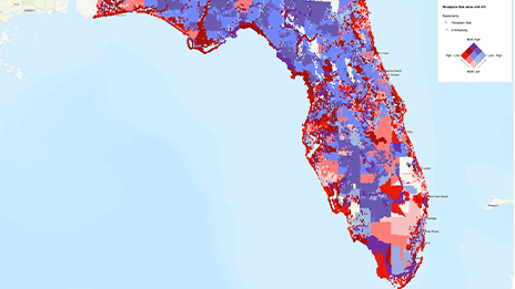 Map of Florida with colored areas representing modern risk mitigation. Hues of red and blue indicate different areas of mitigation efforts.