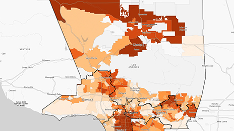 Map of Los Angeles displaying areas of racial disparities with color blocks of varying hues of red.