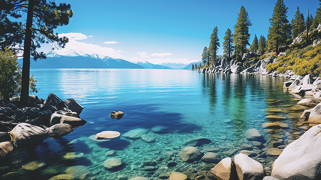 Tahoe lake front with crystal clear blue water along the rocky coastline, under a clear blue sky