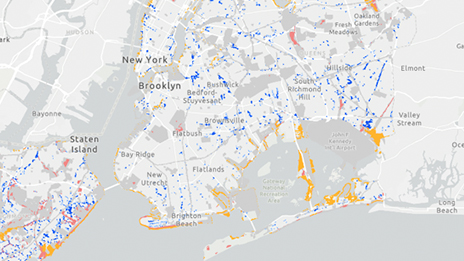 Map of New York City showing rising water levels. Yellow, blue, and red colors highlight the shores and some areas within the inner city.
