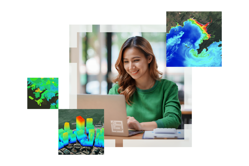 Young woman in a green sweater on a laptop next to a multicolored satellite image of land and a 3D image of a city landscape