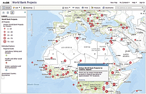 The World Bank geocoded and mapped 30,000 geographic locations for more than 2,500 bank-financed projects worldwide under its Mapping for Results initiative. This map and many other maps and layers have been shared on ArcGIS Online. 