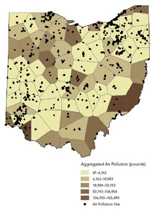 Figure 2a: Ohio air pollution data aggregated to 75 random polygons