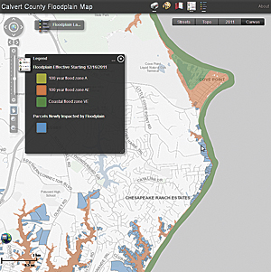 The Calvert County Floodplain Map helps homeowners determine their current flood risk, as well as future flood risk, based on the preliminary Digital Flood Insurance Rate Maps (DFIRMs).