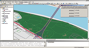 At the start of the Spatial Thinking Game, the player can choose one of three buffer distances around the toxic waste barrels (shown as red triangles). The GIS tool choices selected by the game player are used to score the game player's spatial thinking ability. The Python window displays the code, which incorporates the ArcPy library, used to create the game and an external JSON file.