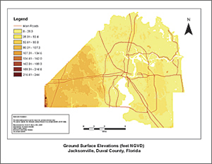 Ground surface elevations (feet NGVD) for Jacksonville, Duval County, Florida