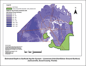 Estimated depth to SAS&mdash;limestone unit (feet below ground surface) for Jacksonville