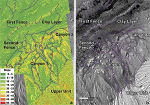 One-meter slope map (a) and HiRISE image (b) showing access to the Eberswalde delta