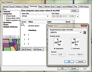 In the Properties dialog box for the Structure_Points1 layer, click the Symbology tab, click the Advanced button, and click Rotation. Verify that Geographic azimuth is selected and set AZIMUTH as the rotation.