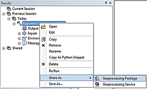 Create a geoprocessing package by simply right-clicking the results of a process in the Results window and choosing Share As > Geoprocessing Package.