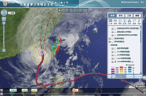 Time-aware functionality displays the path of Typhoon Megi.