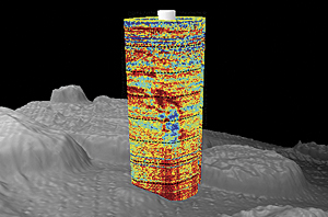 The water column over the Deepwater Horizon oil spill in the Gulf of Mexico showing acoustic backscatter data over the wellhead.