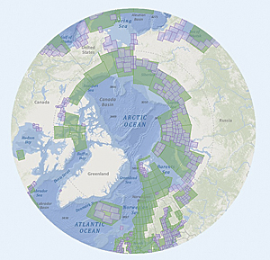 The Ocean Basemap displayed in polar projection as part of an Esri Story Map.