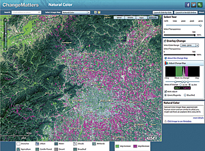 The ChangeMatters Viewer shows vegetation changes in Beijing between the years 1975 and 2010.