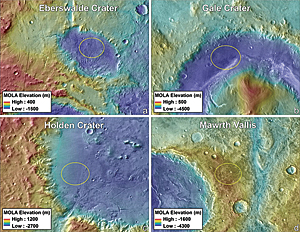 Final four Mars Science Laboratory landing ellipses on THEMIS daytime thermal image mosaic overlaid on MOLA topographic maps.