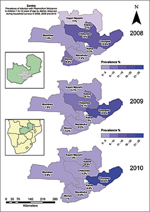The prevalence of infection with P. falciparum in children 1 to 14 years old as observed during the annual parasitemia surveys from 2008 to 2010 by district.