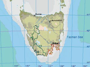 State of Tasmania with mapped region highlighted, click to see enlargement