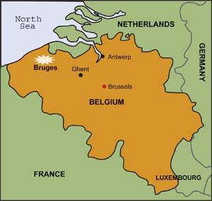 map showing location of Bruges, Belgium