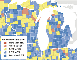 This map inset of data from vendor 5 illustrates the percentage of error for the same areas of Michigan and Wisconsin.