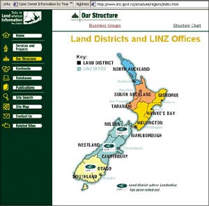 screen shot of Land Districts and LINZ offices; click to see enlargement