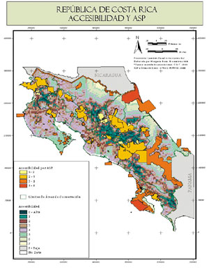 a map of Costa Rica showing population pressure on conservation areas; click to see enlargement