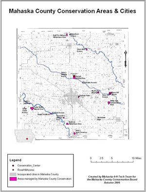 A map depicting all the conservation areas and cities in Mahaska County, Iowa.