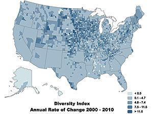 US by county population diversity increases during 2000–2010.