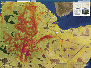 Horn of Africa drought symbolized in red also indicates areas where famine is widespread.