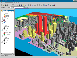 3D model of showing World Trade Center towers and surrounding buildings; click to see enlargement