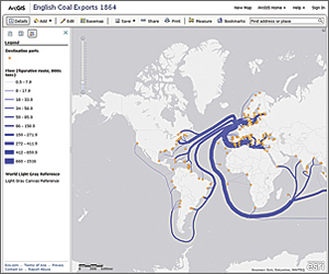 This web map traces coal exports from England to ports around the world.