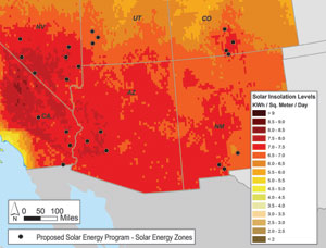 Solar Direct Normal Insolation Levels in the Southwestern United States and the 24 Proposed Solar Energy Zones (SEZs) Analyzed in the Draft Solar PEIS.