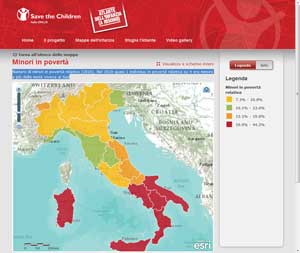 This map, created by Save the Children, shows the number of children in relative poverty in Italy.