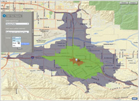 Example of a drive-time area analysis.
