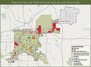 This ParkScore map illustrates the level of park need for Denver's children and adolescents by showing the areas of the city with and without park access.