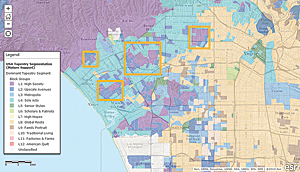 Four suitable areas are identified on this map based on LifeMode summary groups in the Esri Tapestry Segmentation system.