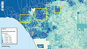 Esri Consumer Spending data for Food Away from Home in Los Angeles County was used to identify three target areas.