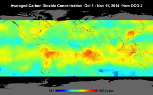 Global atmospheric carbon dioxide concentrations from October 1 through November 11, 2014, as recorded by NASA's Orbiting Carbon Observatory-2 satellite. Image courtesy of NASA/JPL-Caltech.