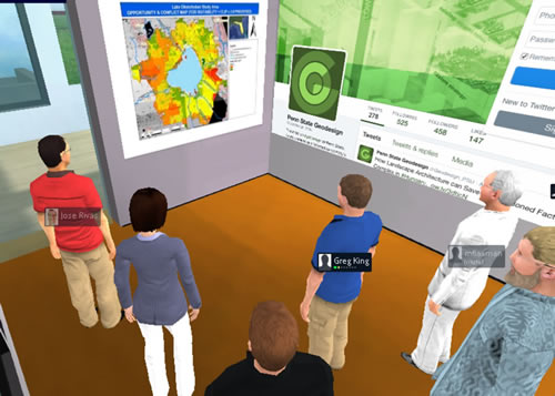Avatars representing the students enrolled in the Master of Professional Studies in Geodesign program at Penn State meet in an online virtual classroom to discuss a project.