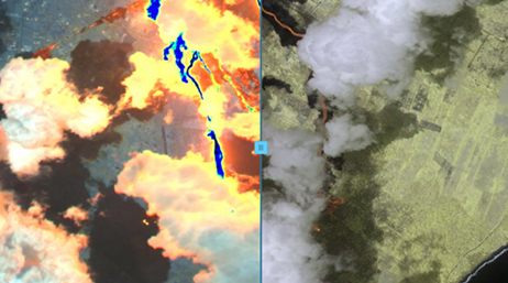 A slider map showing a green landscape on the right and a fire-swept version of the same landscape on the left