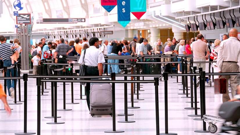 A check-in line suggests airport efficiency through location intelligence