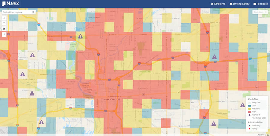 The Daily Prediction Map uses color-coded grids to shows where risk of traffic crashes are high, medium, low, and very low at various times of the day and night.