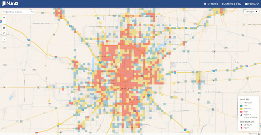 The app shows the crash risk throughout the state of Indiana.
